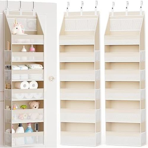 Criusia 2 Pack Over the Door Organizer, 6-Shelf Closet Hanging Storage with 13 Mesh Pockets, 55lbs Capacity Behind the Door Storage for Baby Nursery, Bathroom, Bedroom, and Dorm, Beige