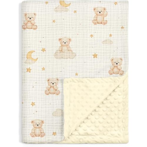 SANDJEST Brown Bear Minky Muslin & Dotted Blanket 30x40 in Gift for Holiday, Gender Reveal Party, Hospital Visit, Baptism