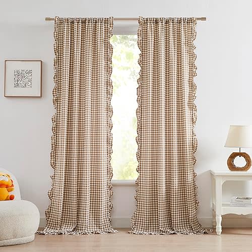 ZJDECOR Brown White Buffalo Plaid Curtains 84 Inches Long,Cottage Ruffle Not-See-Through Sheer Crinkle Drapes,Farmhouse Window Treatment for Nursery Bedroom Living Room,Rod Pocket,40"Wx84"L(Pack of 2)