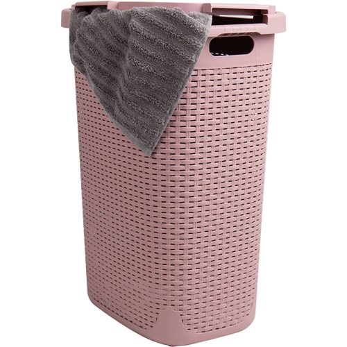 60L Slim Laundry Hamper With Lid, Wicker Design, Plastic, 17.65"L x 13.75"W x 24.15"H, Pink