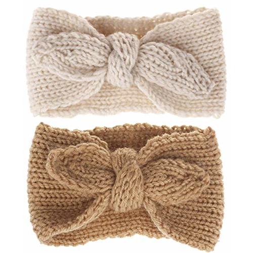 Utaly Winter Cute Kids Baby Girls Knit Rabbit Knotted Headband Headwrap Earwarmer (Tan +Beige, Stretchy)