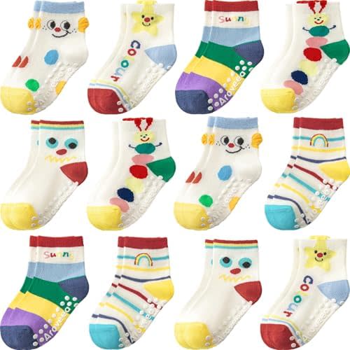 Baby Toddler Socks Grip Non Slip Boys Girls Cotton 12 Pack for Kids Ankle Cute Socks 6M-7Years