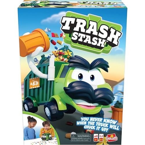 Goliath Trash Stash Game - Fill Trashcan, Watch It Dump Into Garbage Truck Or Truck Chucks It Up - No Reading Required, Ages 4 and Up, 2-4 Players , Green