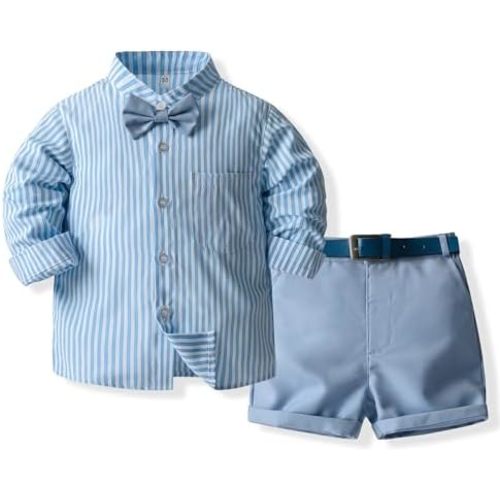 Kimocat Baby Boy Shirt and Tie Sets Long Sleeve Woven Top+ Bowknot+ Shorts with Suspender Straps Outfits