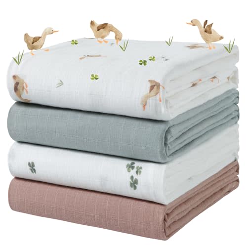 POMISO Muslin Swaddle Blankets for Boys & Girls, Newborn Receiving Blankets, 4 Pack Soft Breathable Baby Swaddles, Large 47x47 Inches, Adorable Ducklings