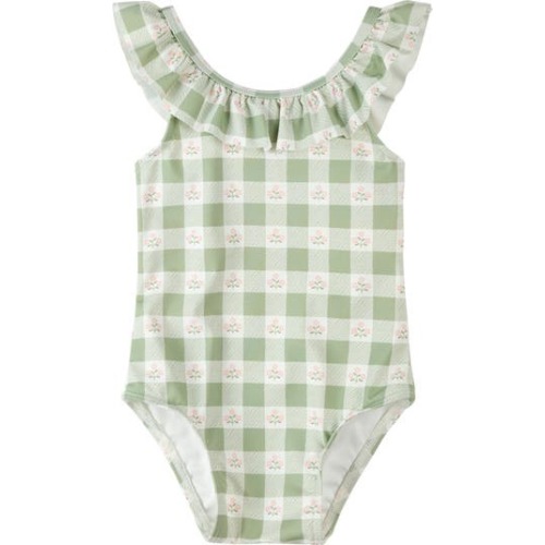 Flowers On Green Gingham Check One-Piece Swimsuit, 3-6M