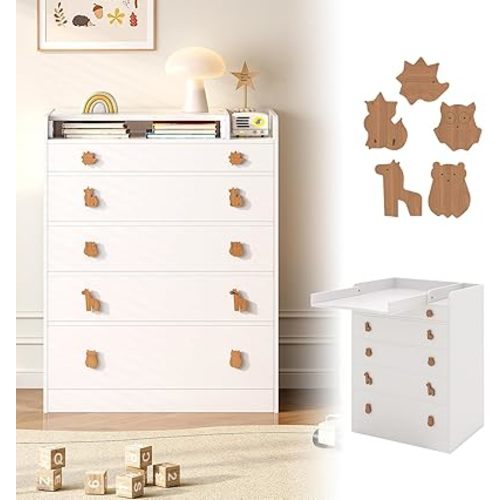 Changing Table Dresser, Nursery Baby Dresser with Foldable Table top and 5 Drawers, Modern Baby Changing Table, Diaper Changing Station for Children's Room, White