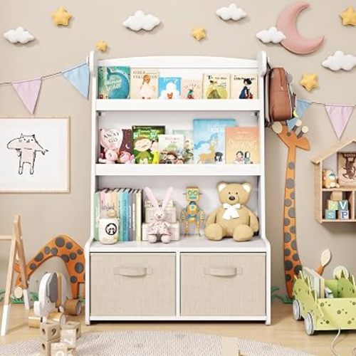 WISUCART Kids Bookshelf withToy Storage Organizer, 3 Tier Bamboo Todders Book Shelf Large Book Rack for Child Room Playroom Nursery for Kids, Children, Toddlers (White)