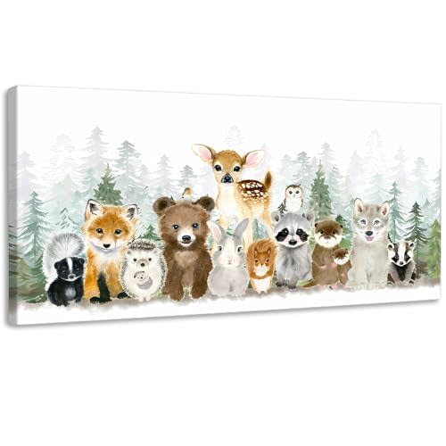 Woodland Animal Nursery Wall Art Watercolor Forest Baby Animal Nursery Wall Decor Printing Framed Fox Bear Deer Watercolor Poster Paintings Pictures for Boys Room Girls Room Home Decoration 8x16in