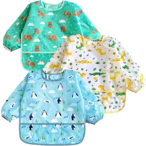 PandaEar 3 Pack Waterproof Long Sleeve Baby Bibs for Eating & Messy Play, Toddler Smock with Food Catcher Pocket, Lightweight Reusable Feeding Apron for Infant 6-36 Months (Bears, Penguins, Dinosaurs)