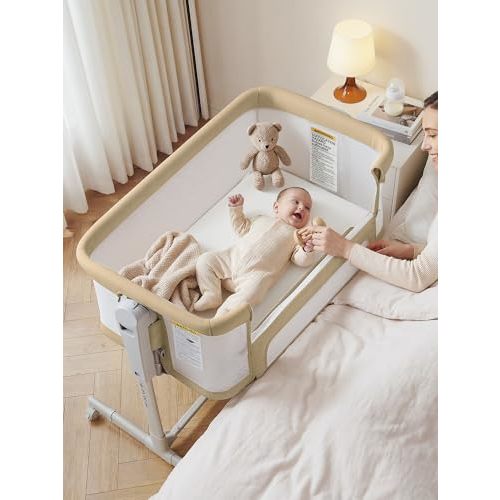 ONTHEWEI Baby Bassinet Bedside Sleeper 3-in-1, Easy Night Feeding with One-Side Fold & Rolling Wheels, Breathable Mesh, 6-Height Adjustable, Soft Mattress for Newborns