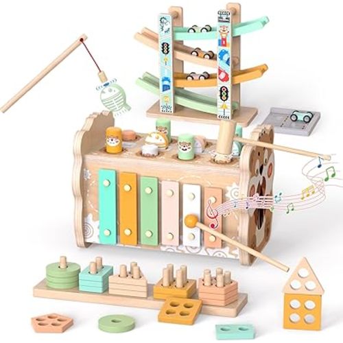 Wooden Montessori Toys for 1 Year Old, Pounding Hammering Toy with Xylophone & Fishing Game, Car Ramp Toy, Stacking Blocks & Shape Sorter Wooden Toddler Toys 1 2 3 for Christmas Birthday Gifts