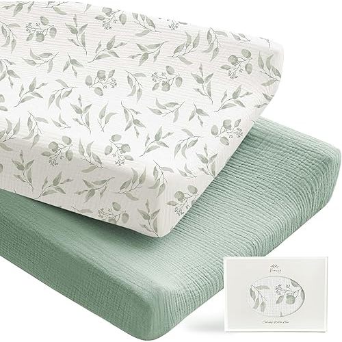 Konssy 2 Pack Muslin Changing Pad Covers for Boys, Ultra Soft & Breathable Cotton Baby Diaper Changing Table Covers, Neutral Nursery Diaper Changing Pad Sheets (Green, Green Leaves)