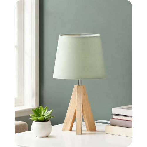 Tripod Table Lamp, Small Bedside Lamp with Wood Base & Green Fabric Shade, Little Cute Desk Lamp, Modern Nightstand Lamp for Bedroom, Kids Room, Living Room, Office, Corner, Green J51TL05