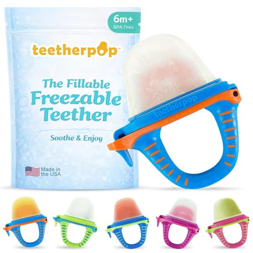 Teetherpop Fillable Freezable Teethers for Babies - Breastmilk Teether with Spill-Proof Sippy Slits – Teething Popsicle for Baby, Liquids & Purées, Cooling Teething Relief Feeder Pacifier - BlueOrange