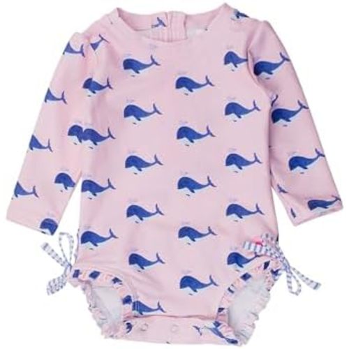RuffleButts Baby Girls UPF 50+ Sun Protection Novelty Print Long Sleeve One Piece Rash Guard Swimsuit with Zipper