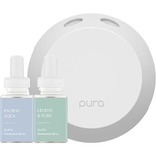 Pura - Smart Home Fragrance Device Starter Set - Pura 4 - Scent Diffuser for Home - Includes Fragrance Aroma Diffuser - Square Box, Pacific Aqua and Linens & Surf Scent Refills