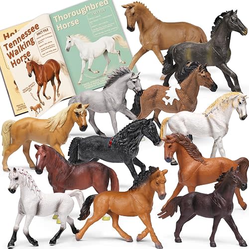 12 Pack Horse Toys with Educational Booklet, Mini Plastic Horse Figurines