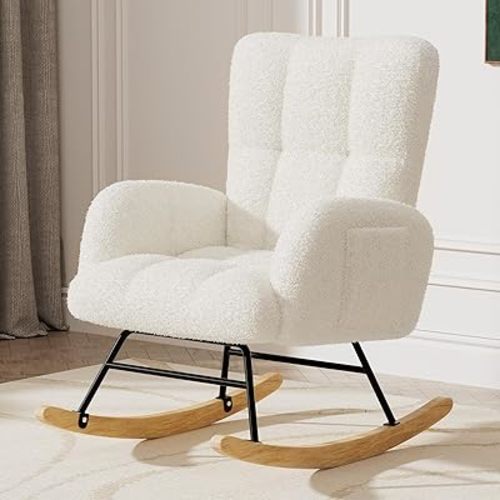 LUCKLIFE Rocking Chair Nursery,Teddy Upholstered Glider Rocker Chair with High Backrest,Reading Chair Modern Rocking Accent Chairs with Side Pockets for Living Room,Bedroom (Without Ottoman, White)