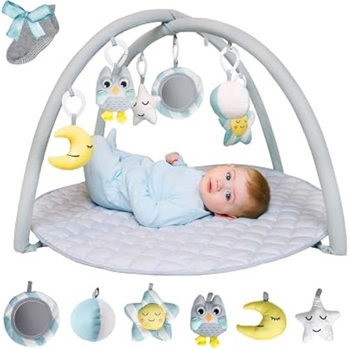 Solens Baby Play Gym Mat with 5 Detachable Sensory Toys, Tummy Time Activity Mat for Sensory & Motor Skill Development, Infant Activity Gym, Newborn Baby Shower Gift, Dusky Blue