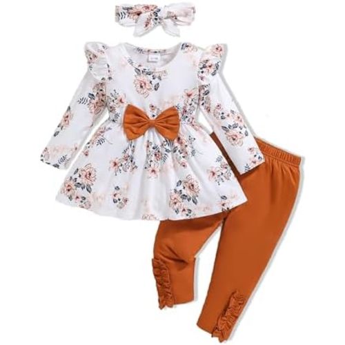 Toddler Baby Girl Clothes Infant Girl Outfits Fall Ruffle Floral T-Shirt Top Pants Set Winter Spring Clothes