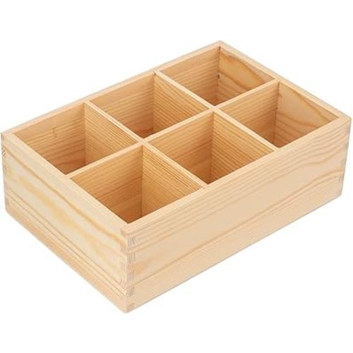 Wood Pen Holder, Unfinished Wooden Remote Control Pencil Holder Caddy, Rustic Table Organizer with 6 Compartments for Art Supplies, Pen, Phones, Home, Office, School Desktop