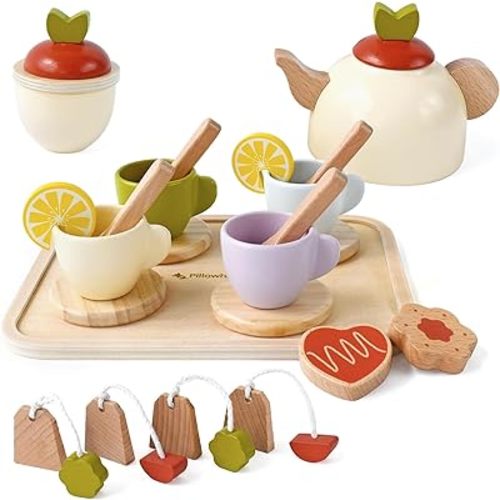Wooden Toys Tea Party Set,Tea Set for Little Girls,Toddler Tea Set,Kids Play Kitchen Accessories,Play Food for Toddlers Boys Girls Ages 3+
