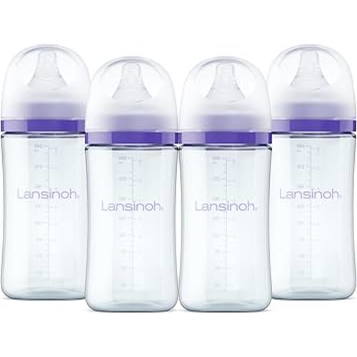 Lansinoh Anti-Colic Glass Baby Bottles, 8 Ounces, 4 Count Bottles for Feeding, Baby Essentials, Includes 4 Medium Flow Nipples, Size M