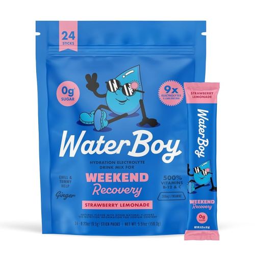 Waterboy Weekend Recovery | 3,200mg Electrolyte Powder Packets | Ginger + L-Theanine + Vitamins | No Sugar, All Natural, Gluten Free | 24 Drink Stick Mixes (Strawberry Lemonade)