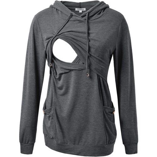 GINKANA Womens Nursing Hoodie Top Sweatshirt Long Sleeve Button Decoration Pockets Shirts Tunic Top