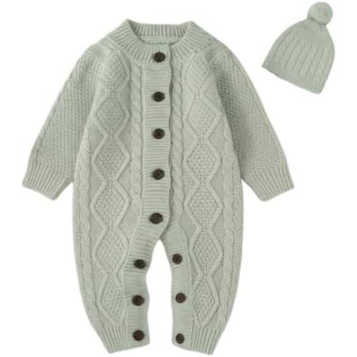 Baby Knit Sweater Romper Newborn Infant Long Sleeve Ribbed Outfit Clothes for Boys Girls with Beanie Hat Set