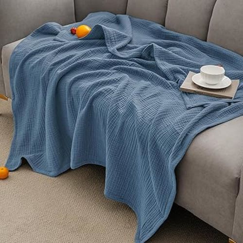 PHF 100% Cotton Muslin Blanket King Size 108" x 90", 4-Layer Lightweight and Breathable Blanket for Summer, Luxuriously Soft Gauze Bedding for Bed, Natural Minimalism Style, Ideal Gift, Captain's Blue