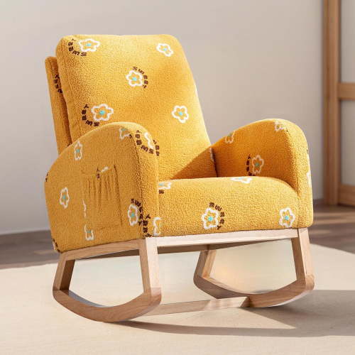 Aoiy & Wifon Rocking Chair Nursery with Side Pocket, High Backrest Nursery Rocking Chair, Comfy Glider Rocking Chair, Boucle, Mustard