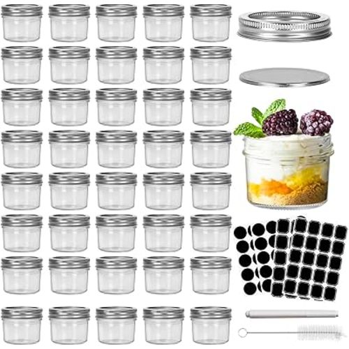 CycleMore 4oz Clear Mason Jars Small Glass Jar With Silver Separable Lids Mini Canning Jars for for Honey, Jam, Jelly, Wedding Favors, Kitchen Food Storage, Set of 40