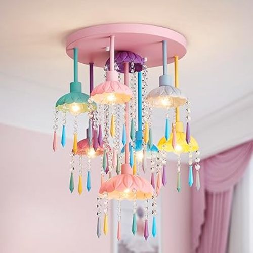 Pastel Rainbow Crystal Chandelier, 7-Light Flush Mount with Colorful Beaded Tassels, Macaron Lotus-Shaped Ceiling Light Fixture for Nursery/Girls Bedroom/Kids Room, D16.5*H21.3 inch