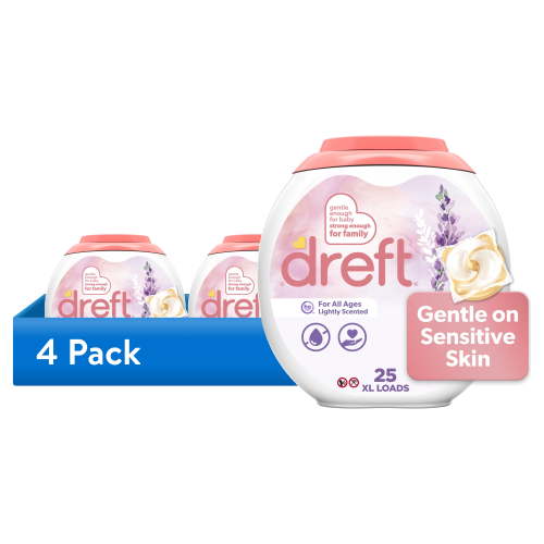 (4 pack) Dreft Baby Laundry Detergent XL Pacs, Sensitive Skin, Hypoallergenic, Lightly Scented Lavender, 25 Count