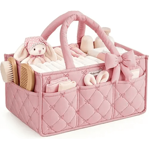 Blissful Diary Baby Diaper Caddy Organizer, Nursery Basket, Bow Light Pink | Portable Storage Basket with Removable Dividers, Gift for Baby Shower, Newborn Boy & Girl Essentials, Baby Registry Must Have