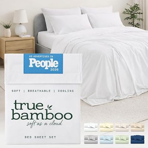 TRUE BAMBOO Sheets Set Queen Size - Silky Soft & Naturally Cooling for Hot Sleepers - Luxe 4 Piece Bed Sheets with Breathable & Moisture-Wicking Fabric - 16" Deep Pocket with Corner Straps, White