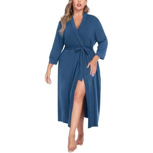 IN'VOLAND Womens Plus Size Kimono Robes Long Knit Bathrobe V Neck Ladies Loungewear Lightweight Soft Sleepwear 1X-5X