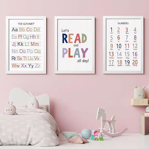 Cute Alphabet Numbers Framed Wall Art Set of 3, Boho Educational ABC Poster Wooden Sign for Baby Girl Kid Boy Toddlers, Neutral Preschool English Letters Nursery Decor for Homeschool Playroom Daycare
