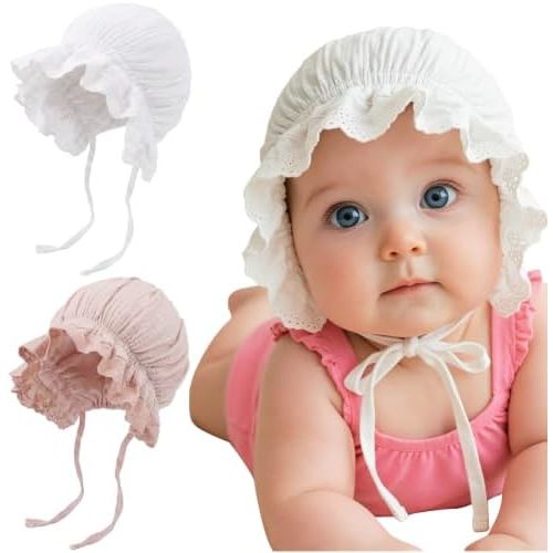 DRESHOW BQUBO Baby Bonnet Lace Cotton Baptism Bonnet for Baby Girls Newborn Soft Warm Cap Hospital Hat Sleepy Hat with Tie