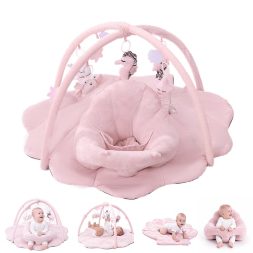 Baby Gym Playmat,Tummy Time Mat,Sit &Play Activity Mat with 6 Detachable Toys,Washable Baby Mat & Toys,Baby Gift for 0-18 Months,Pink