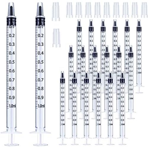20 Pack 1ml Syringe with Cap for Liquid, 1cc Plastic Small Syringes with Cover, Non-Sterile, No Needle