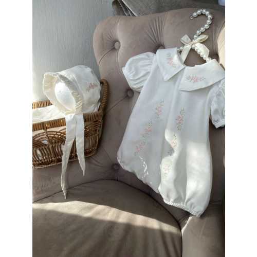 Embroidered Linen Baby Romper and Bonnet