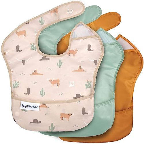 Tiny Twinkle Mess-Proof Baby Bib - Waterproof Bib for Baby Boy or Girl - PVC, BPA & Phthalate Free - Baby Food Bibs - 3-pack Cowboy