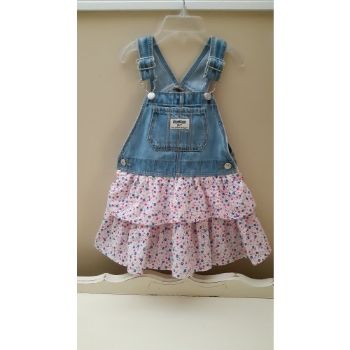 Vintage OSHKOSH Denim Jumper /Overall Dress for Girl size 12-18 months Cotton denim plus flowered fabric ruffled 2 tier skirt