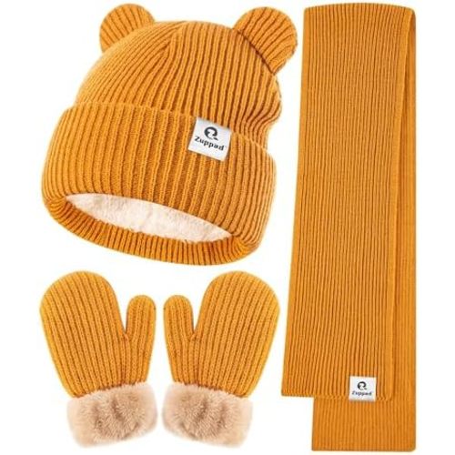 Baby Beanie Mittens Scarf Set,Toddler Infant Kids Winter Hat with Bear Ear Thermal Gloves Neck Warmer Set for Girls Boys