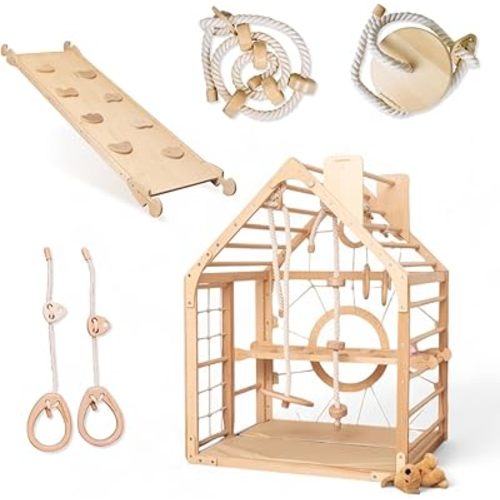 Wood And Hearts Indoor Playground, Made in Europe, Indoor Jungle Gym, Kid's Playground, Climbing Gym, Jungle Gym for Kids 1-6 Years (Ramp, Rope Accessories, Mat)