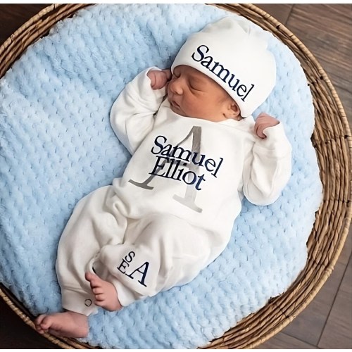Preemie Newborn Boy Coming Home Outfit with Embroidered Monograms