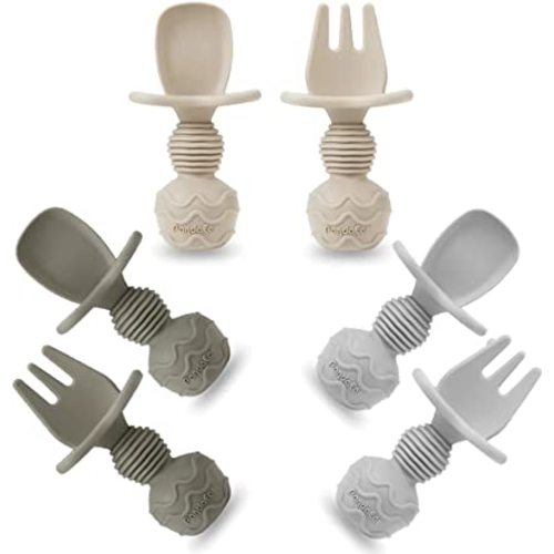 PandaEar 6 Pack Silicone Baby Spoons and Fork Feeding Set- Anti-Choke First Self Feeding Utensils for Baby Led Weaning Ages 3 Months (Tan,Walnut&Grey)